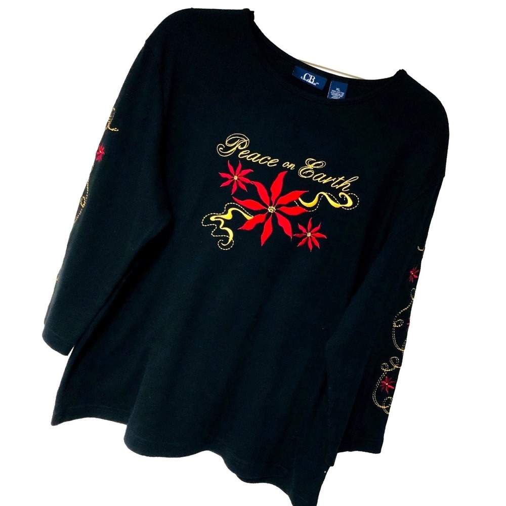 Christmas T-Shirt Women's XL‎ Embroidered Peace On Earth CB Studio Xmas